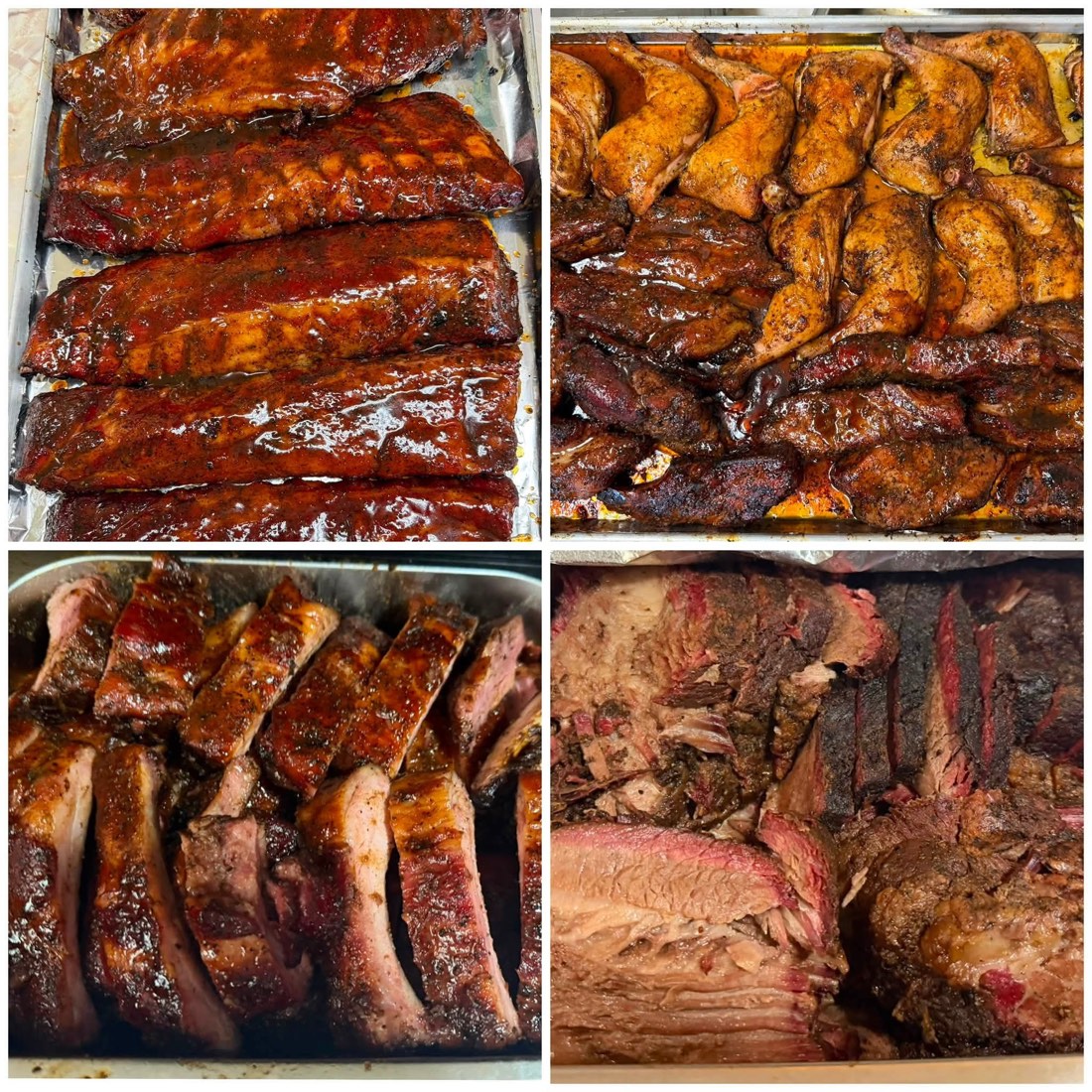 Barbecue plate with smoked meats, beans, Spanish rice, potato salad, bread, pickles, and onions